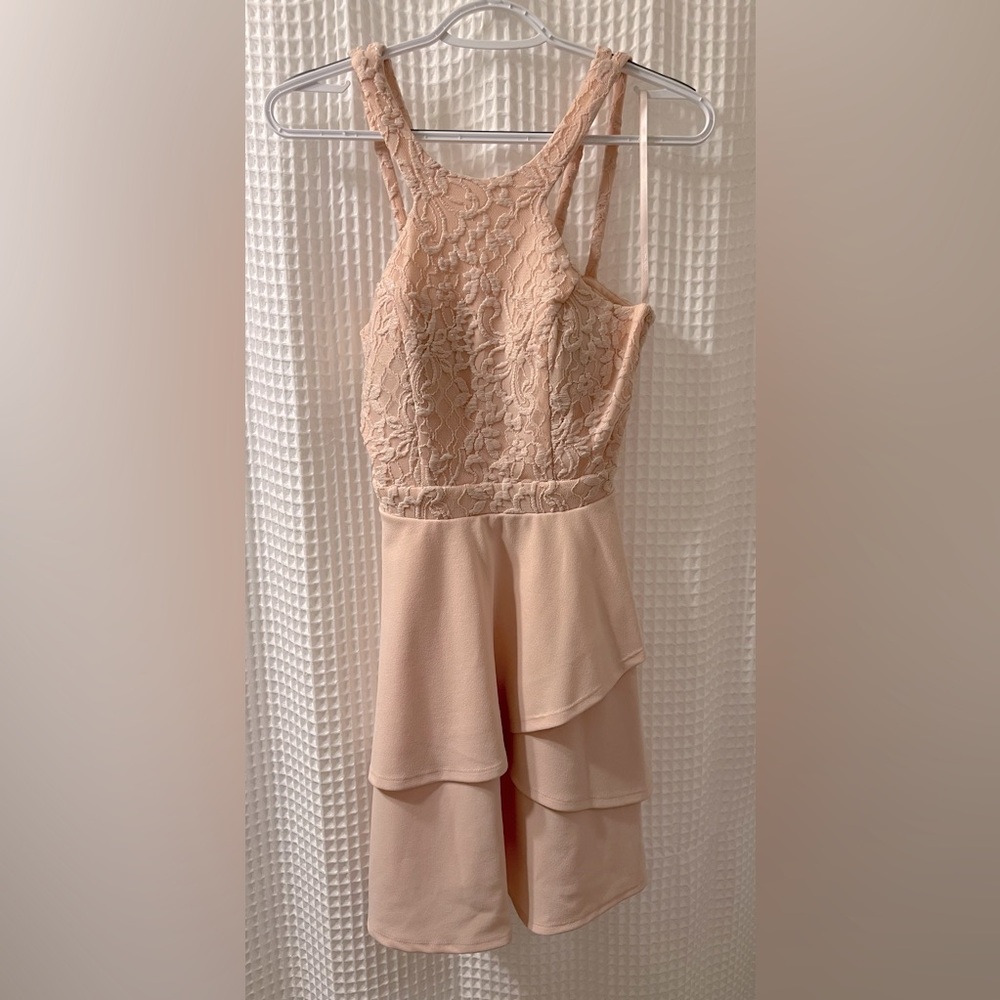 City Studio Juniors' Lace Fit & Flare Dress Peach